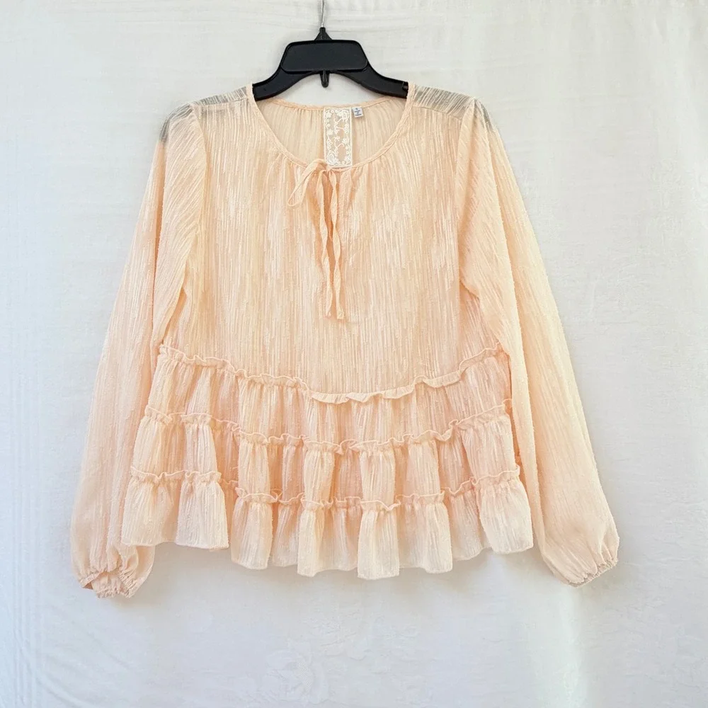 Sadie and Sage Womens Small Sheer Peach Blouse Ruffle Blouse Tiered Lace Fairy